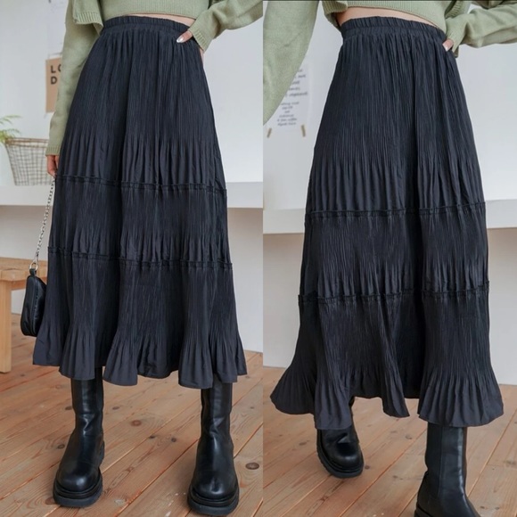 Luxe high waisted plisse pleated ruffle hem maxi skirt